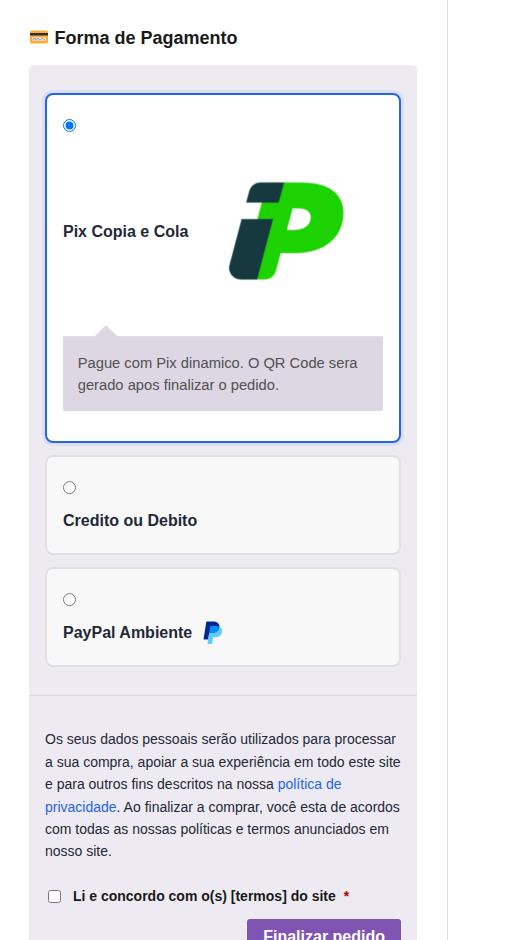 Opções reais de pagamento por Pix, cartão e PayPal no checkout GEvents