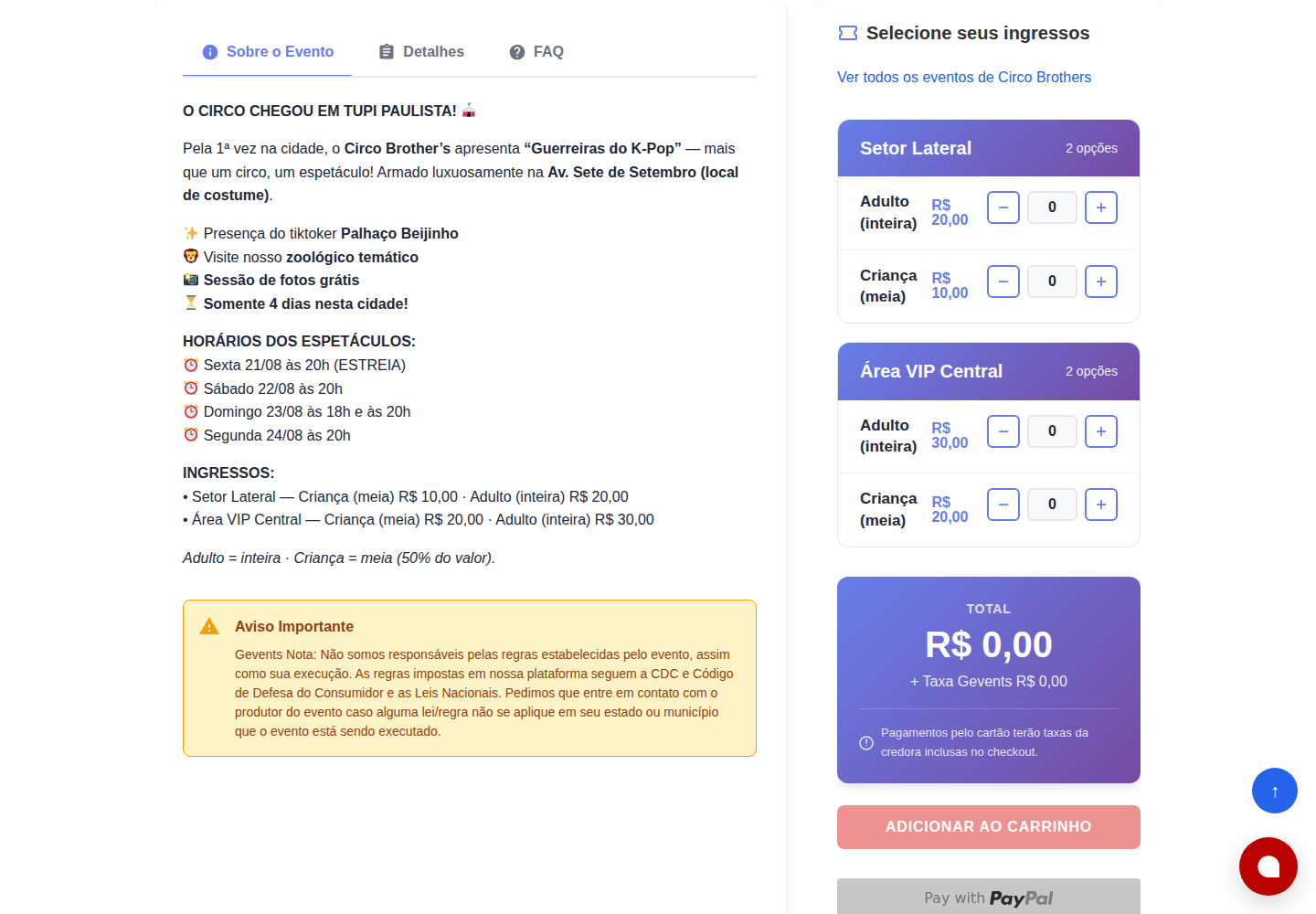 Exemplo real da seleção de setor, tipo e quantidade de ingressos no site GEvents