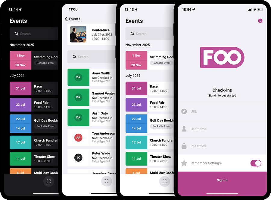 Telas oficiais do aplicativo FooEvents Check-ins em celulares