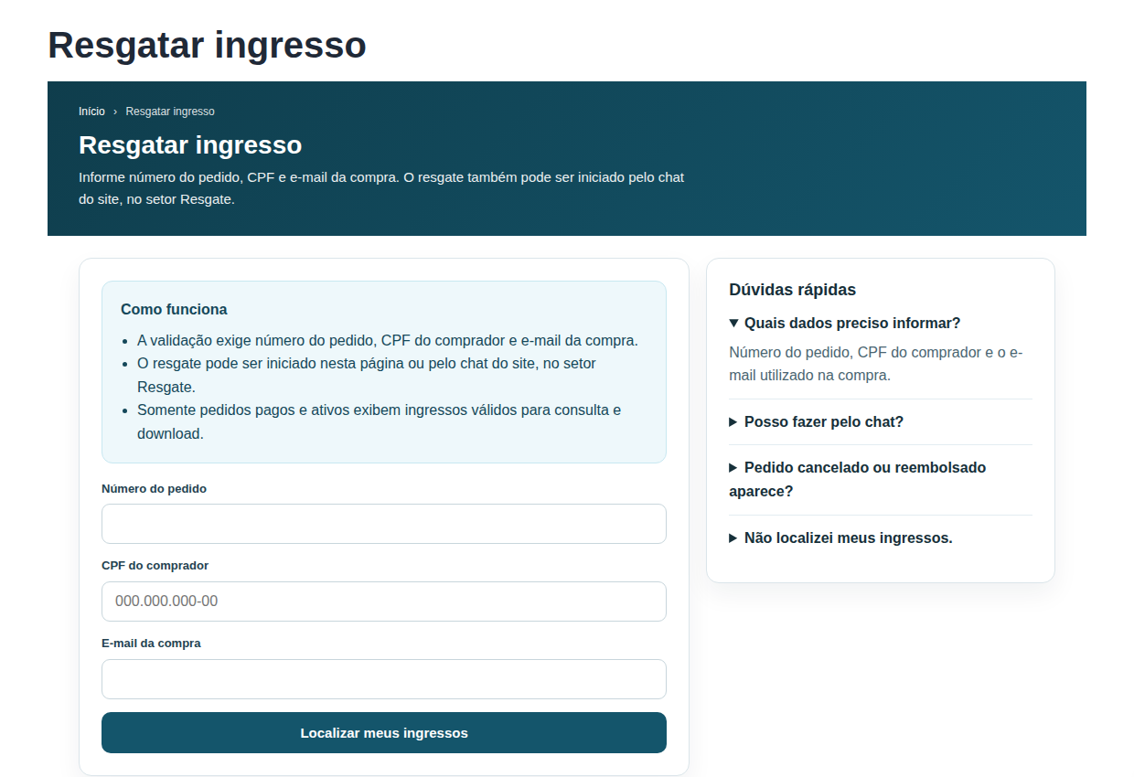 Tela pública real de resgate de ingressos da GEvents